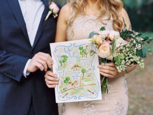 Bride and Groom Wedding Portrait with Watercolor Wedding Venue Map and Garden Bride's Bouquet