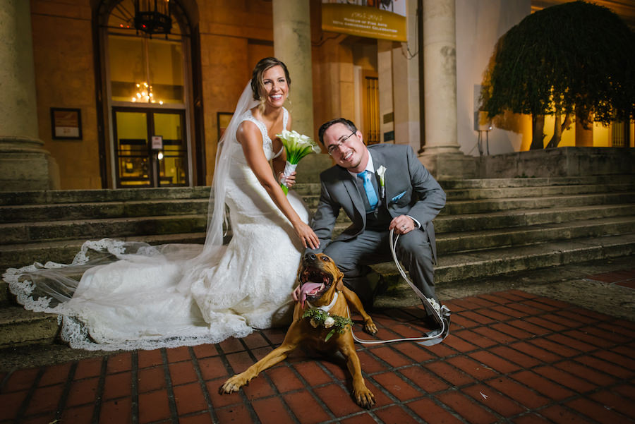 Florida Bride and Groom with Dog Wedding Portrait | St. Petersburg Wedding Venue Museum of Fine Art | Wedding Day Pet Sitter FairyTail Pet Care