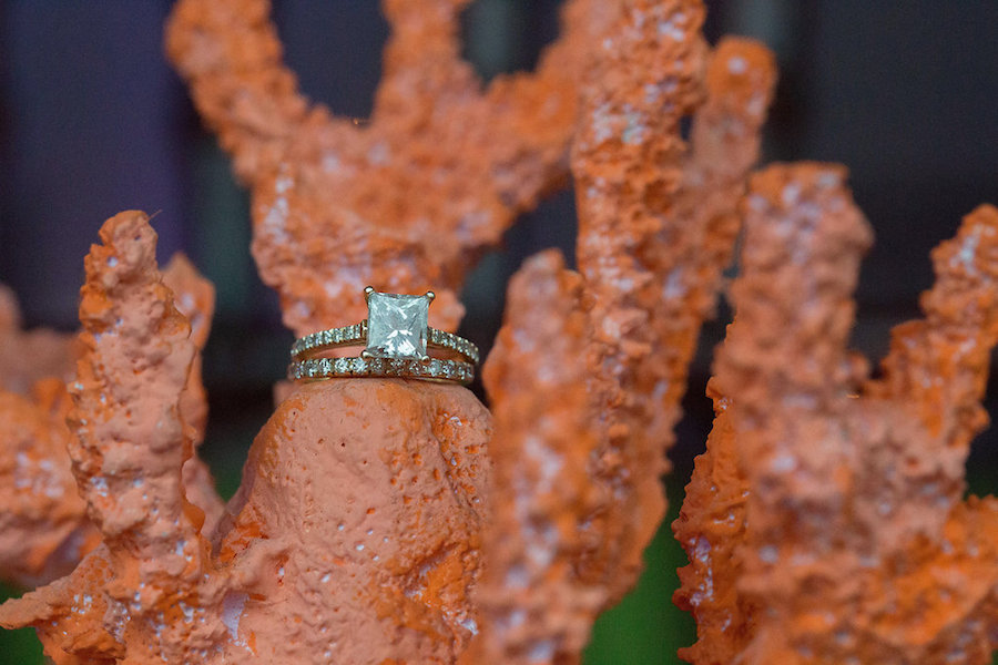 Engagement and Wedding Ring on Coral | Nautical Inspired Wedding Decor