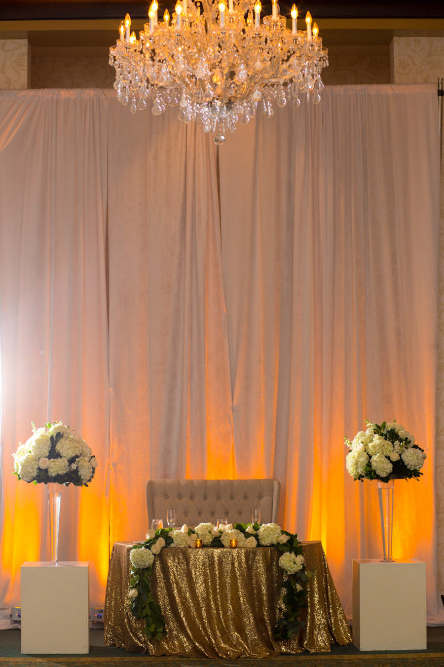 Gold Wedding Reception with Sequined Linen and Tall Ivory Floral Arrangement at Sweetheart Table | Tampa Bay Wedding Ballroom Venue The Palmetto Club