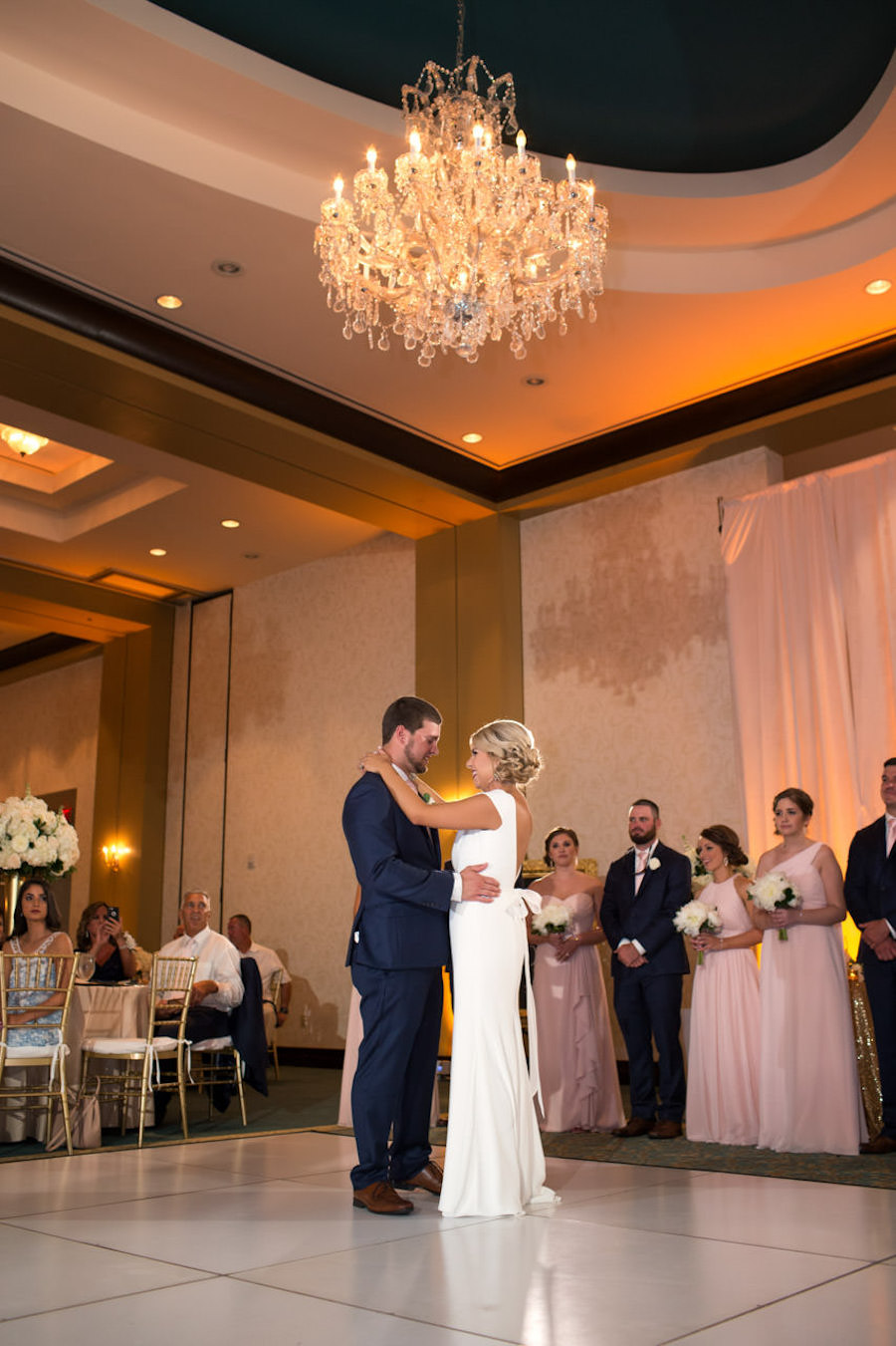 Bride and Groom First Dance on White Dance Floor with Chandelier | Tampa Bay Wedding Ballroom Venue The Palmetto Club | Jeff Mason Photography