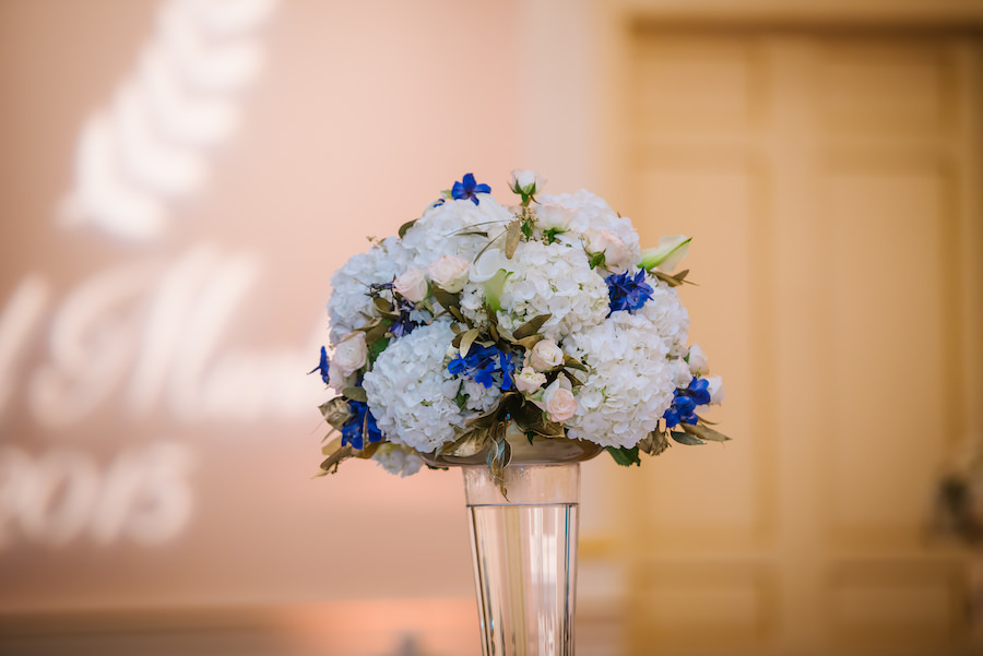 Tall White, Blue and Blush Pink Centerpieces and Glass Vases