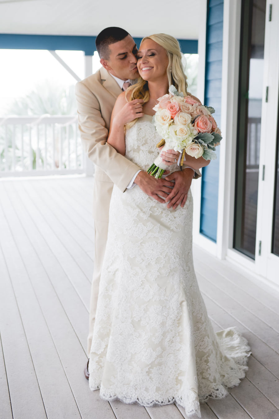 Bride and Groom, Outdoor Wedding Portrait in Lace, Ivory Modern Trousseau Wedding Dress and Tan Groom's Suit