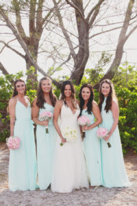 Bride and Bridesmaids Beach Wedding Portrait in Ivory, Lace Wedding Dress and Blue Bridesmaids Dresses | Tampa Bridesmaids Dresses Bella Bridesmaid