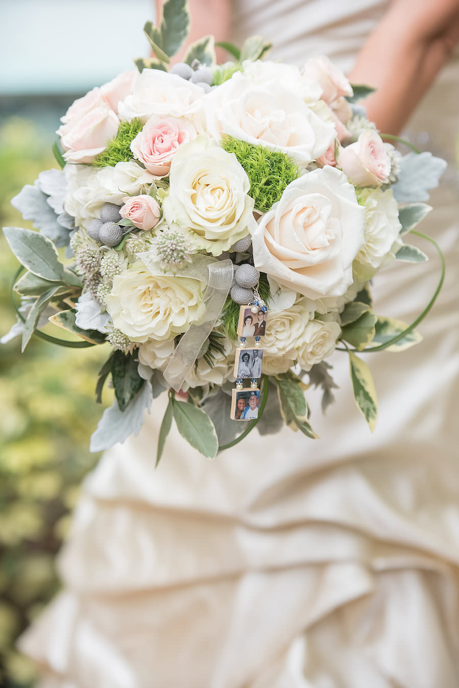 Rustic, Vintage White Rose Wedding Bouquet with Greenery and Memory Charm