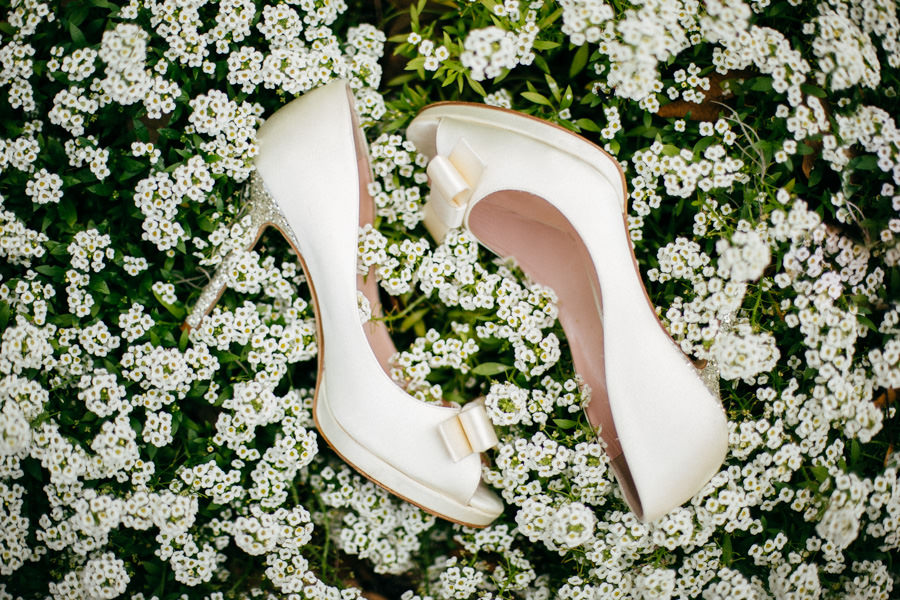 White Wedding Shoes with Accent Bow and Silver Glitter Heels