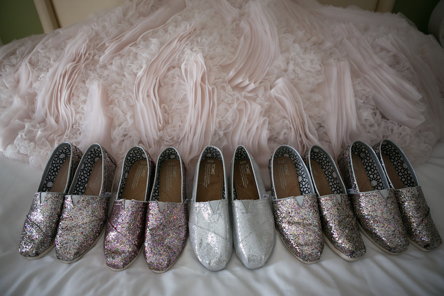 Bridal Party Sparkly TOMS Wedding Shoes in Silver and Blush Pink | St. Petersburg Wedding Photographer Carrie Wildes Photography