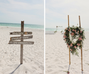Wooden Wedding Sign and Pink Floral Wreath at Anna Maria Island Beach Wedding Ceremony | Wedding Planners Exquisite Events