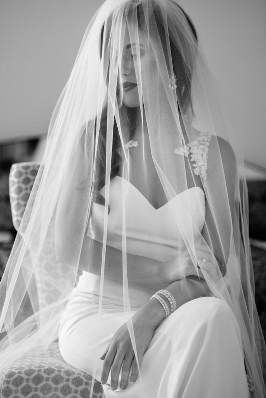 Bridal Wedding Portrait in White Wedding Dress and Chapel Length Veil
