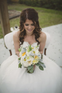 Bridal Portrait in Strapless Allure Lace Wedding Dress with Ivory and Yellow Wedding Bouquet with Greenery | Sarasota Wedding Florist Andrea Layne Floral Design