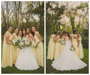 Bridal Party Wedding Portrait with Yellow Bill Levkoff Bridesmaids Dresses and Ivory, Strapless Allure Lace Wedding Dress | Andrea Layne Floral Design Sarasota Wedding Florist