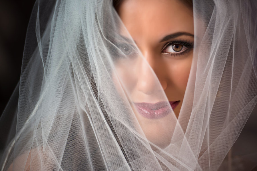 Tampa Bridal Wedding Portrait in Veil and Red Lipstick