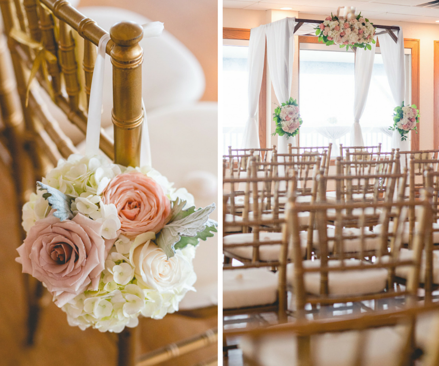 Gold Chiavari Chairs and White, Draped Wedding Altar with Pink and Ivory Flowers at Indoor Wedding Ceremony | St. Petersburg Wedding Planner Special Moments | Chair Rentals Signature Event Rentals