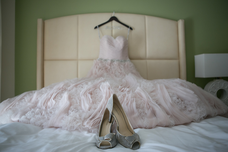 Madison James Style MJ120 Blush Organza Wedding Gown With Rhinestone Belt and Gossamer Ruffles throughout the Bodice and Skirt with Sparkly Peep toe Wedding Shoes | St. Petersburg Wedding Photographer Carrie Wildes Photography