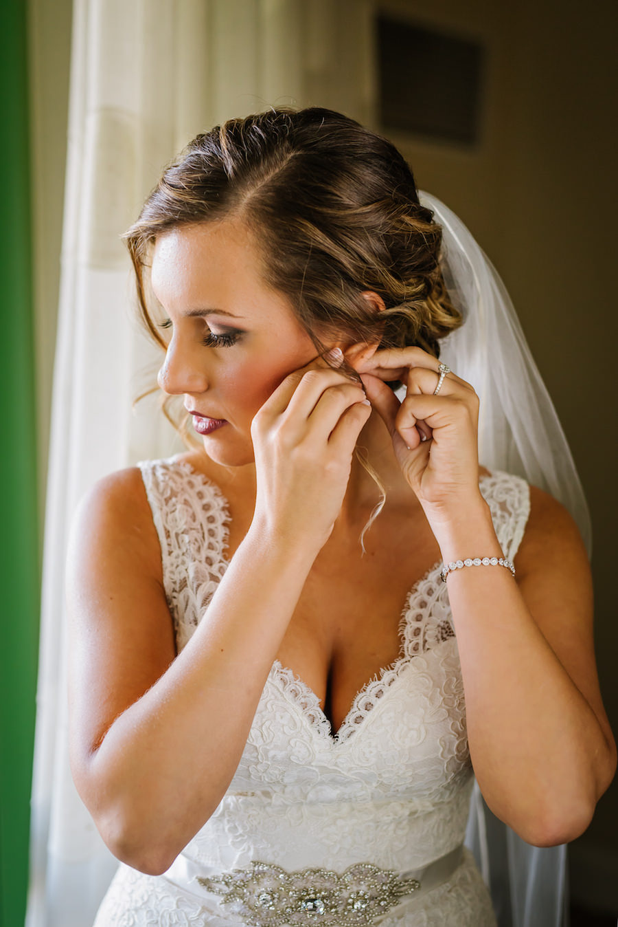 Bride Getting Ready on Wedding Day | Crystal, Rhinestone Diamond Delicate Bridal Jewelry | St. Petersburg Wedding Planner Kimberly Hensley Events