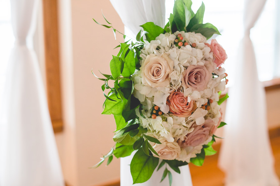 Pink and Ivory Rose Wedding Ceremony Flowers and Arch Decor
