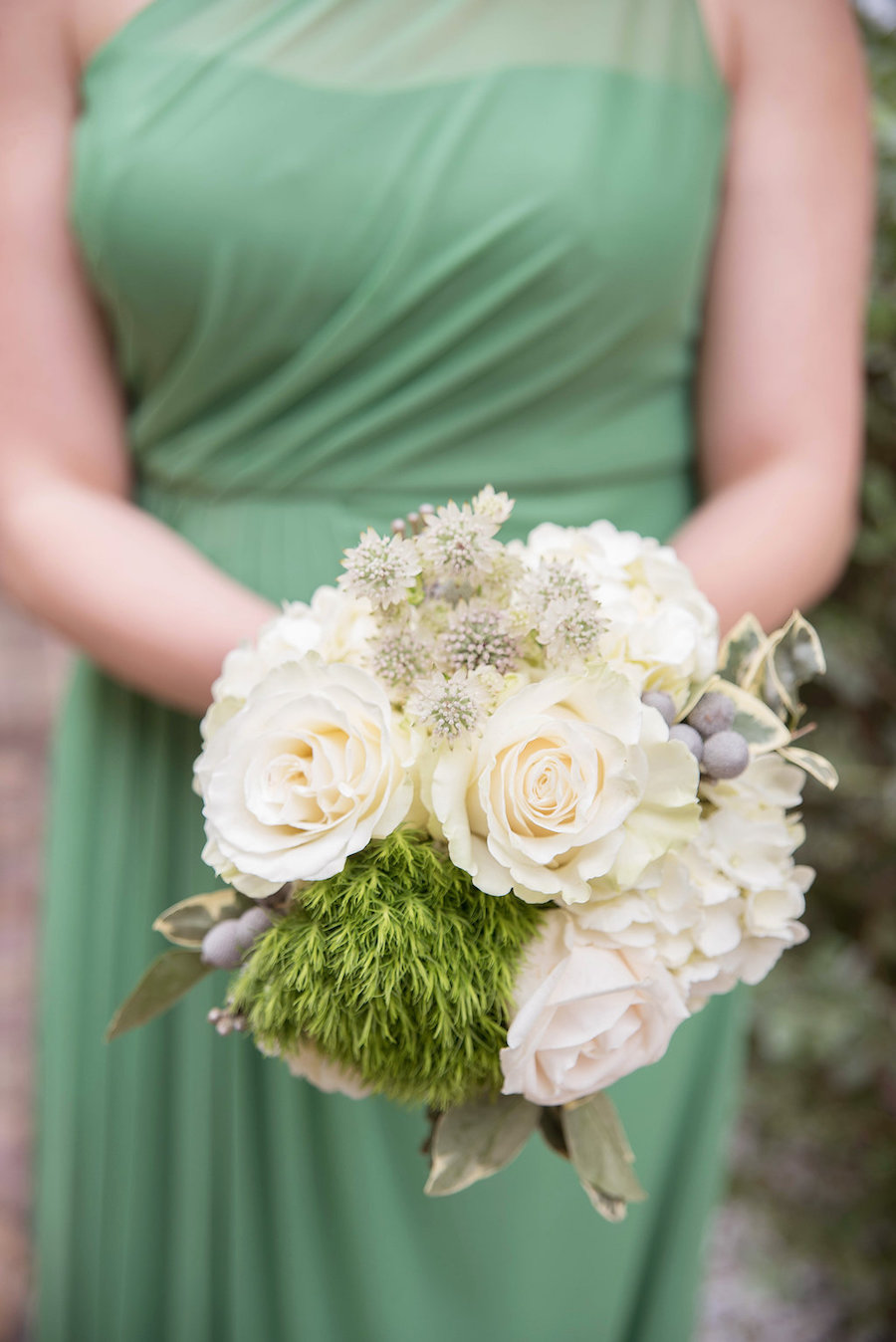 Bridesmaid Wedding Portrait with Green One Shoulder Long Bridesmaid Dress and White Rose Wedding Bouquet with Greenery | St. Petersburg Wedding Photographer Kristen Marie Photography