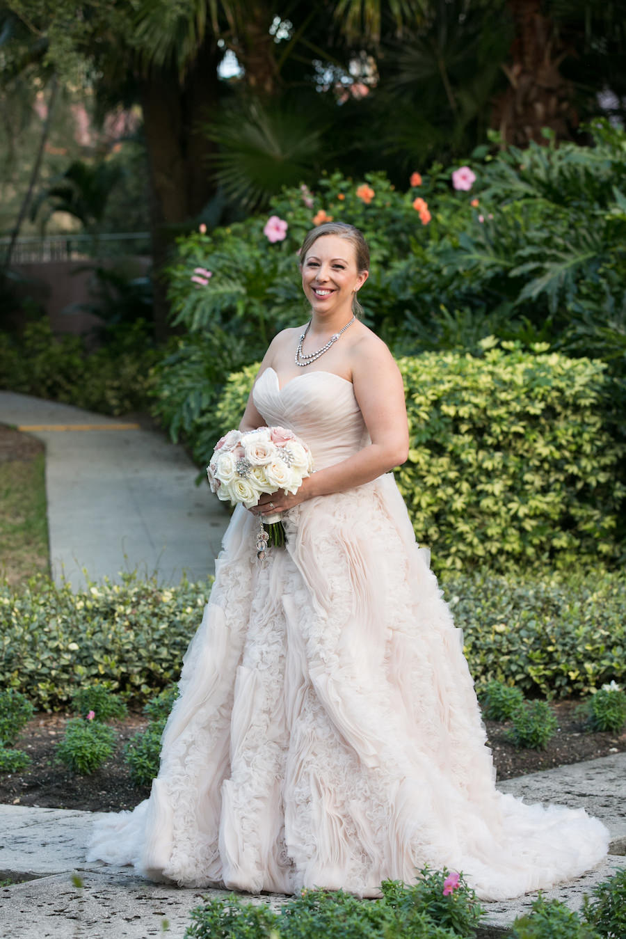 Bridal Wedding Portrait in Blush Madison James Wedding Dress with Ivory and Blush Wedding Bouquet of Roses | St. Petersburg Wedding Photographer Carrie Wildes Photography