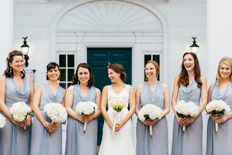 Outdoor Bridal Portraits of Bridal Party in Light Blue Bridesmaids Dresses and Ivory, Lace Augusta Jones Wedding Dress