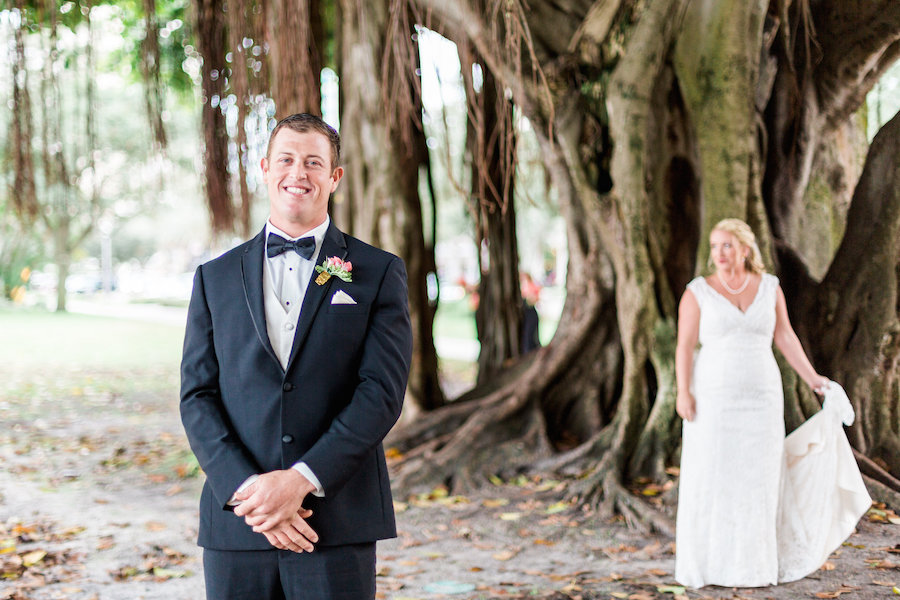 Outdoor, Groom Wedding Portrait and Bride in Ivory, Wedding Dress with Sleeves under Banyan Tree