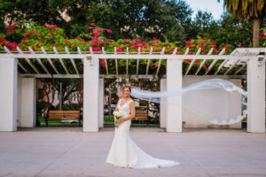 Bridal Wedding Portrait in White Augusta Jones Lace Fit and Flare Wedding Dress with Cathedral Veil and Calla Lily Bouquet | Outdoor Downtown St. Pete Wedding Portrait