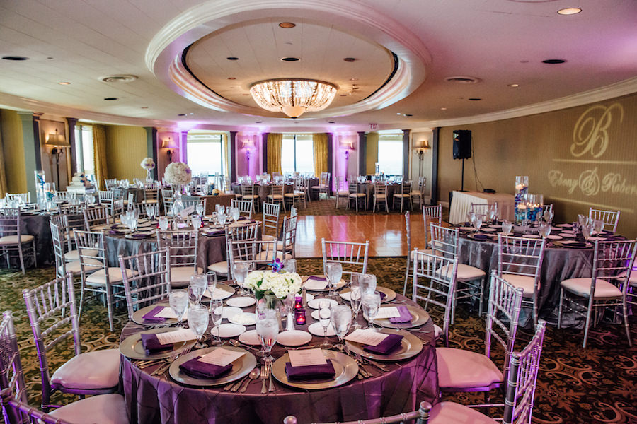 Silver and Purple Wedding Reception with Chiavari Chairs and Pintuck Linens | Downtown Tampa Wedding Venue The Tampa Club