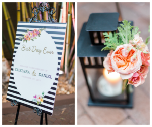 Black and White Best Day Ever Welcome Sign For St. Pete Wedding Ceremony and Coral Peony Accent Flowers with Black Lanterns
