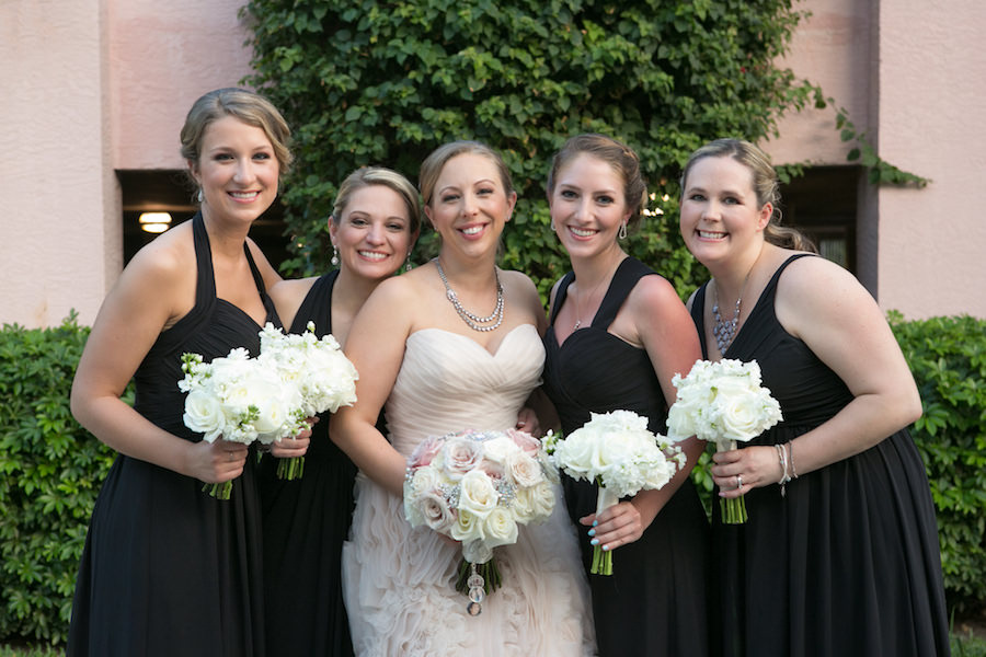 Bridal Party Wedding Portrait with Black Bill Levkoff Bridesmaids Dresses with Ivory Bouquets and Blush Strapless Textured Madison James Wedding Dress | St. Petersburg Wedding Photographer Carrie Wildes Photography