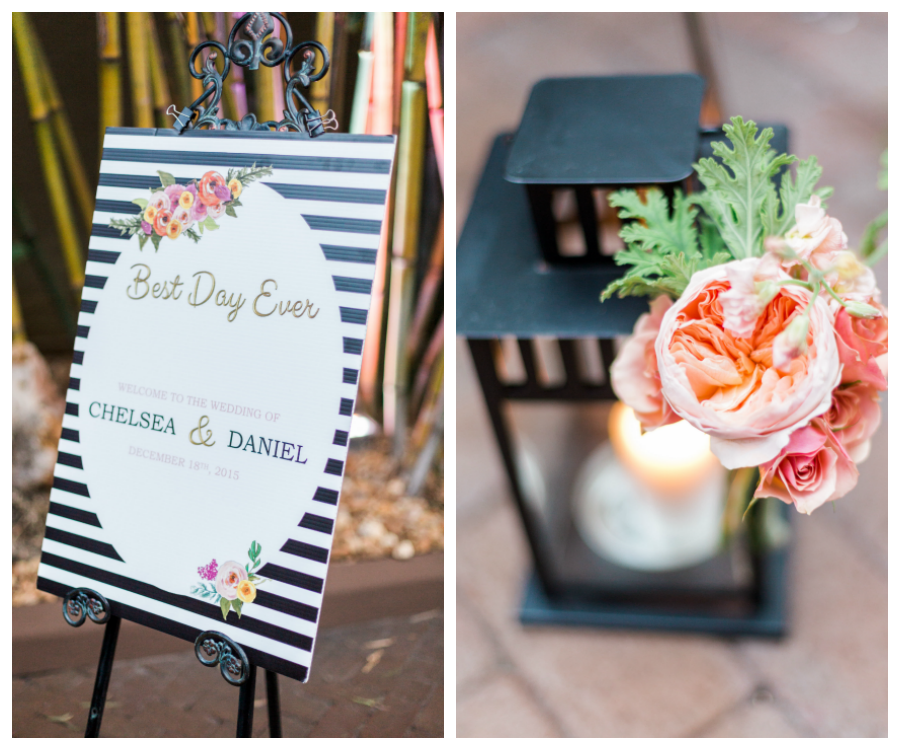 Black and White Best Day Ever Welcome Sign For St. Pete Wedding Ceremony and Coral Peony Accent Flowers with Black Lanterns