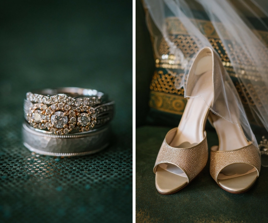 Bride and Groom Wedding and Engagement Ring Portrait | Bridal Champagne Metallic Open Toed wedding Shoes with Veil Portrait