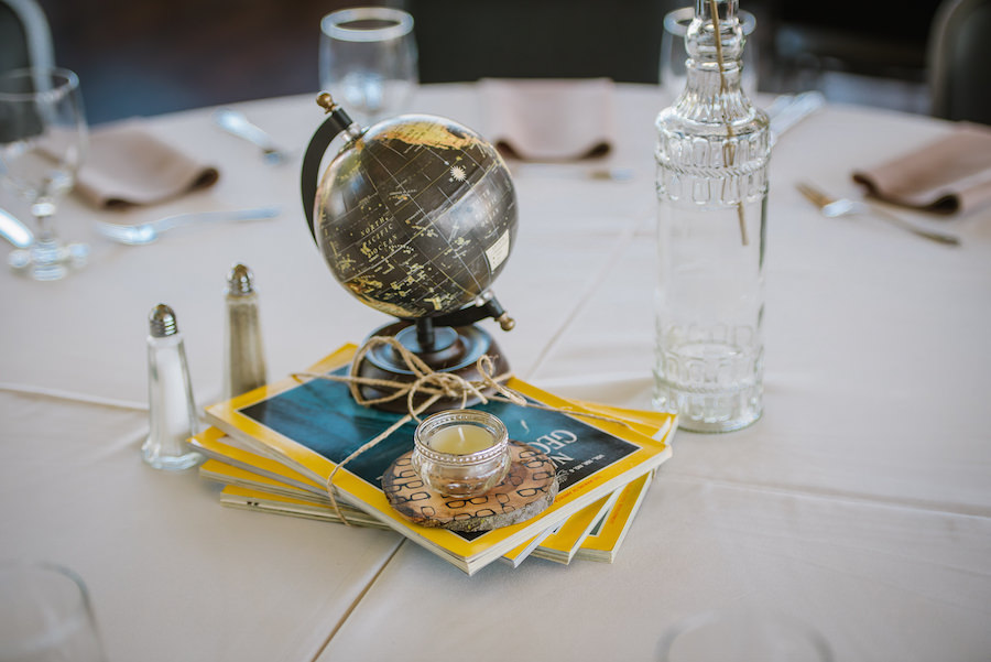 Eclectic Travel Inspired Wedding Centerpieces with Globes, National Geographic Magazines and Tealight Candles