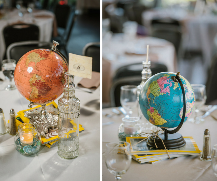 Eclectic Travel Inspired Wedding Centerpieces with Globes, National Geographic Magazines