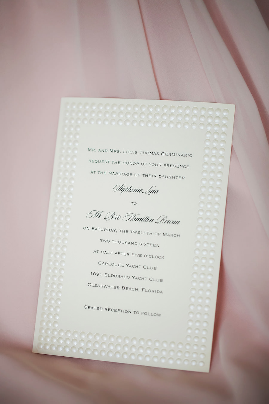 Simple and Preppy Black and White Wedding Invitation on Blush Chiffon | Clearwater Beach Wedding Photographer Limelight Photography
