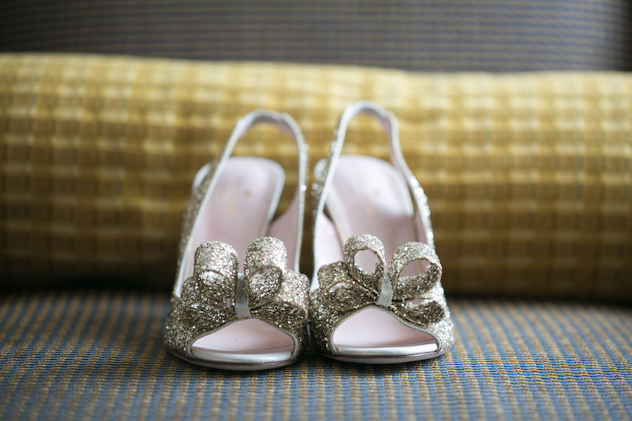 Gold Sparkly Bling Wedding Shoes with Bow Accent | Kate Spade ‘Charm’ Slingback Pump | Tampa Wedding Photographer Carrie Wildes Photography