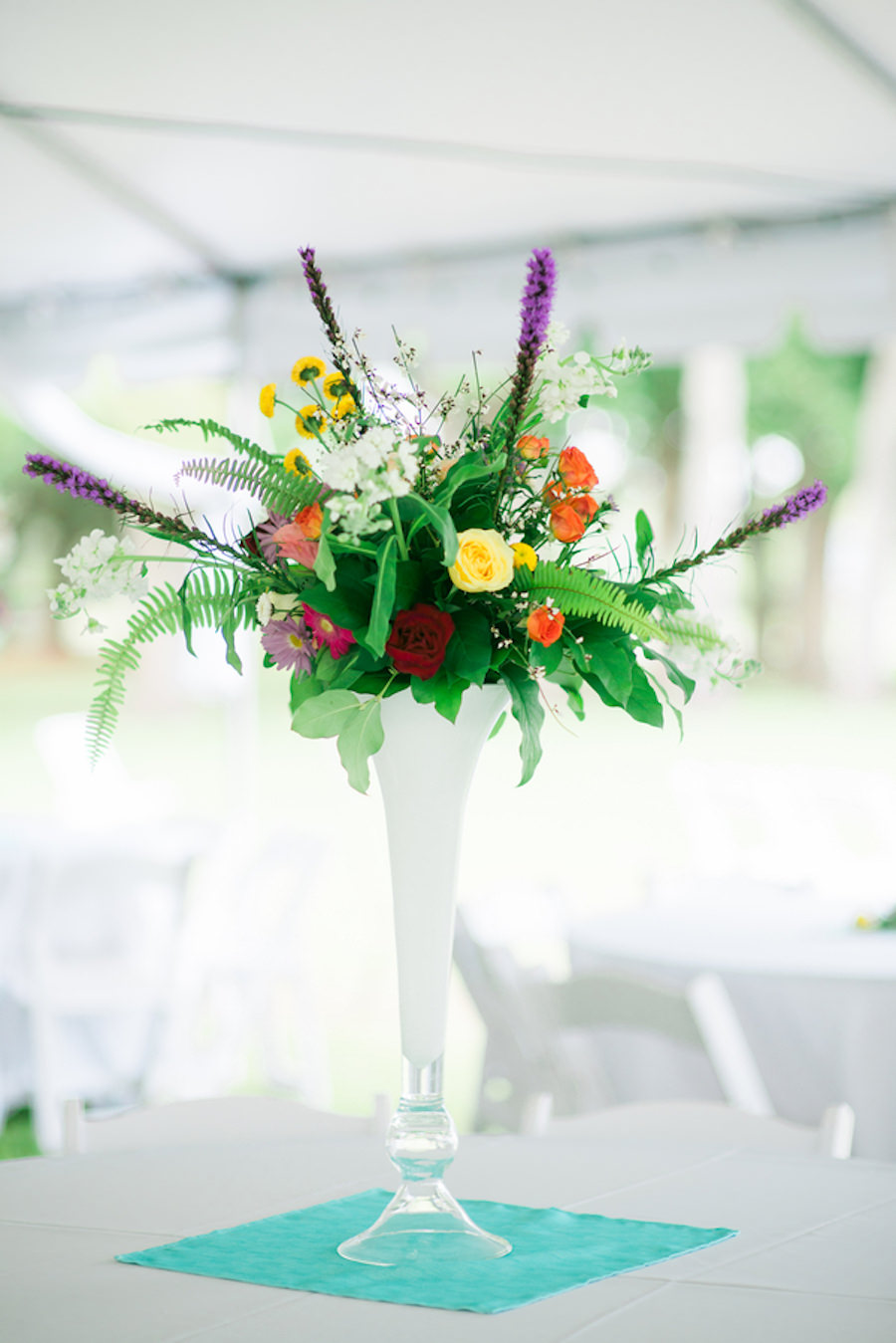 Wedding Reception Decor | Colorful Orange, Yellow and Purple Floral Wedding Centerpieces | Sarasota Wedding Photographer Kera Photography