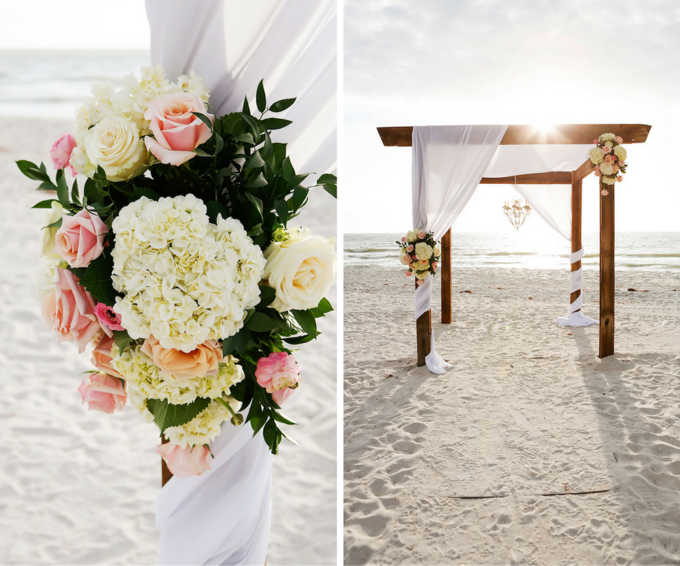 Beach Wedding Driftwood and Tulle Wedding Arch with White and Blush Floral Accents with Greenery | Vintage Beach Wedding Decor Ideas