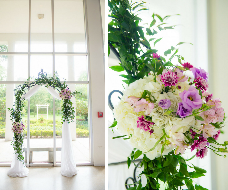 Garden Themed Wedding Ceremony Arch with Tulle, Greenery and Ivory and Purple Floral Accents | South Tampa Wedding Florist Apple Blossoms Floral Design | Photo by Kera Photography