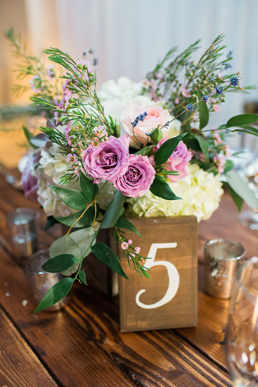 Rustic Garden Wedding Reception Table Decor with Wooden Table Numbers and Purple and Ivory Floral Centerpieces | Tampa Wedding Florist Andrea Layne Floral Design