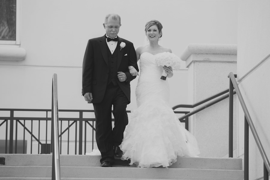 Bride and Father Walking Down the Aisle Outdoor Wedding Portrait at Tampa Wedding Ceremony Venue Marriott Waterside | Tampa Wedding Photographer Carrie Wildes Photography