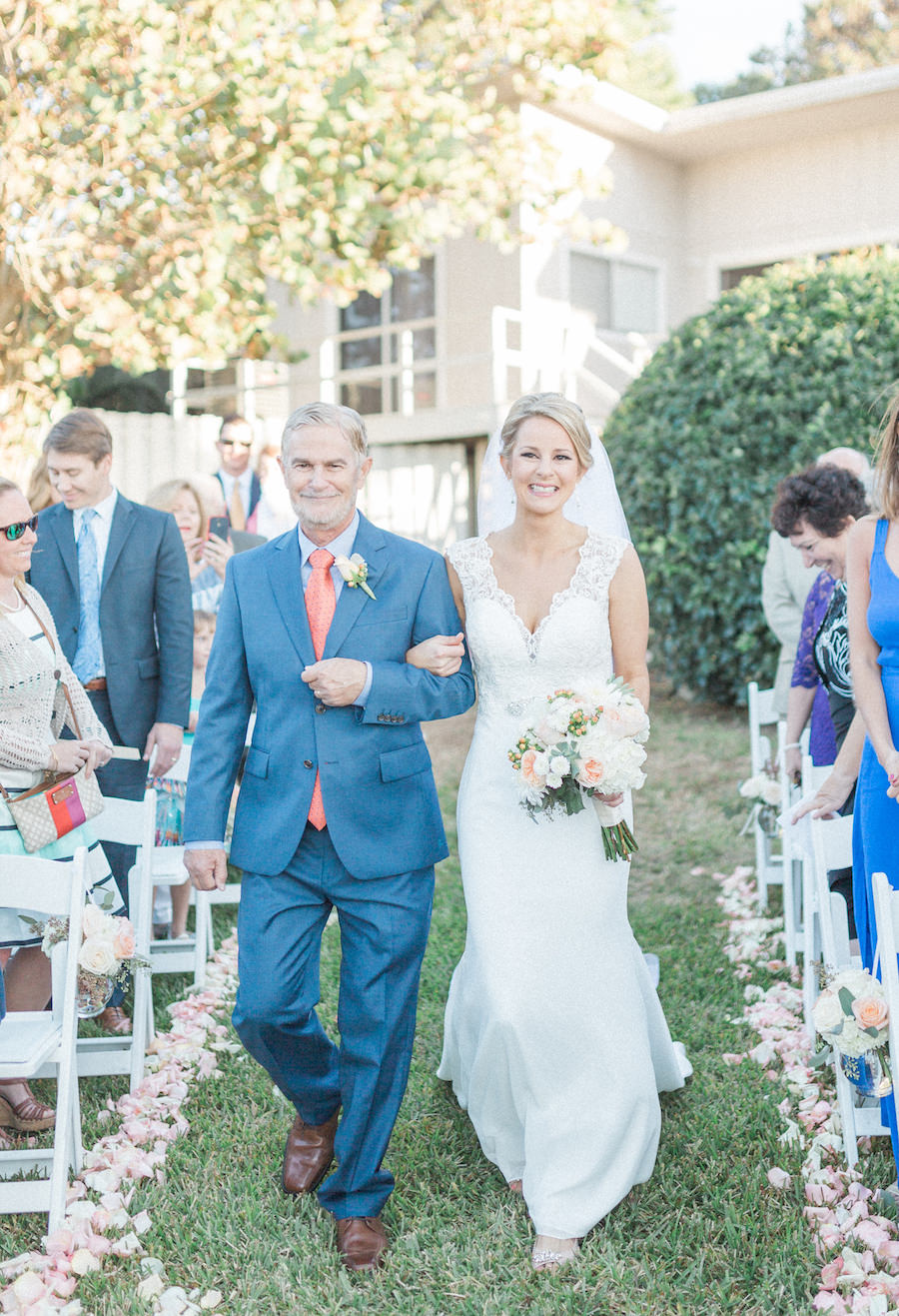 Dad and Bride Walking Down the Aisle at Outdoor Florida Wedding Ceremony