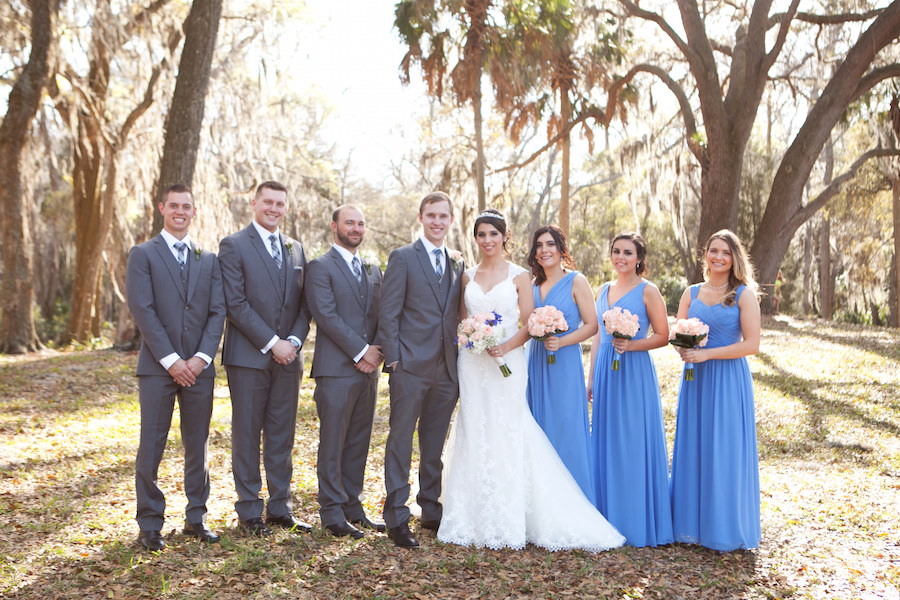 Outdoor, Bridal Party Wedding Portrait in Blue Bill Levkoff Bridesmaids Dresses and Grey Groomsmen Suits | Safety Harbor Wedding Photographer Carrie Wildes Photography