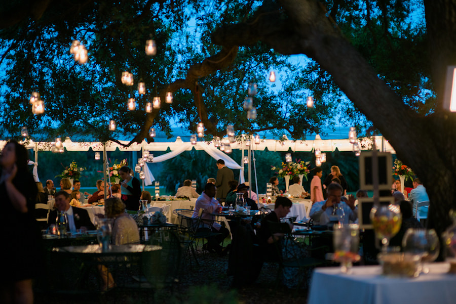 Outdoor, Bradenton Tented Wedding Reception with Hanging Candles in Mason Jars