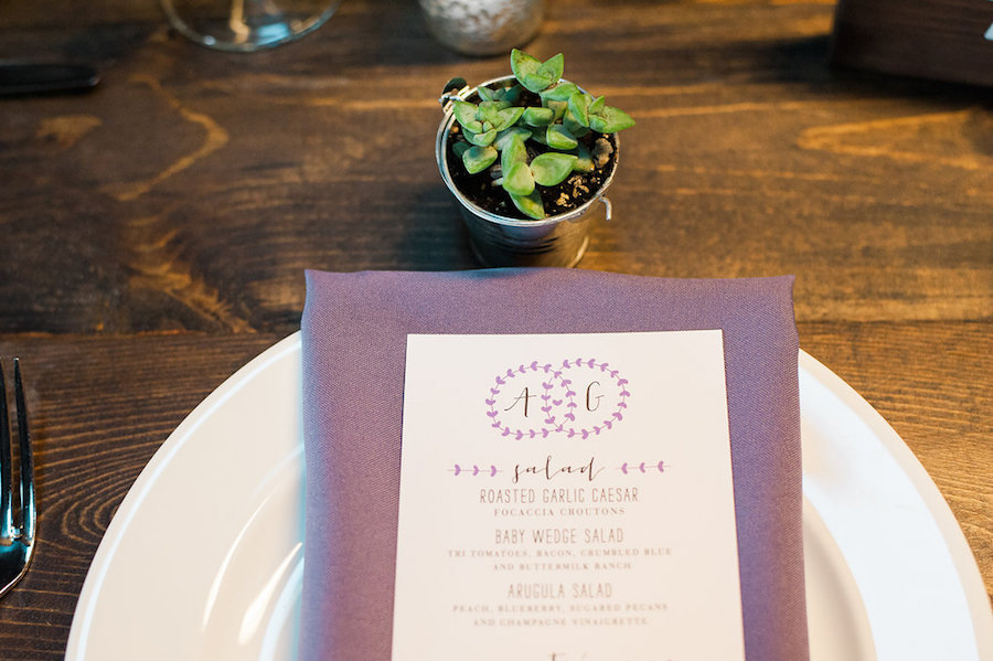 Rustic Garden Wedding Reception Table Decor with Purple Menu, Napkins and Succulents | Tampa Wedding Stationery Citrus Press Co.