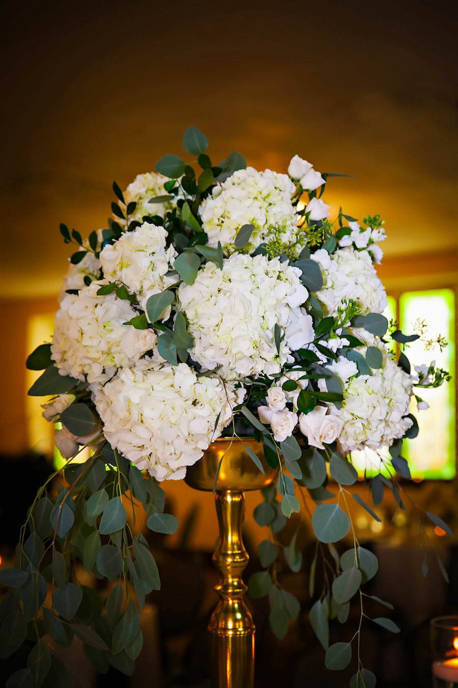 Tall Wedding Centerpieces in Gold Vases with Cascading White Hydrangeas and Greenery | Flowers by St. Petersburg Florida Wedding Florist Iza’s Flowers | Wedding Planner Special Moments