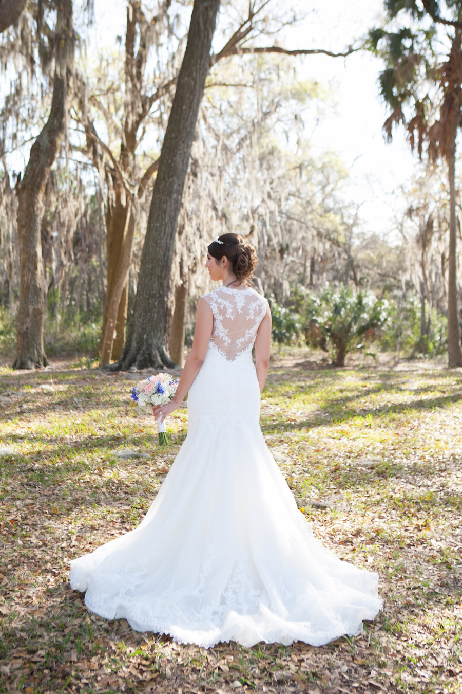 Outdoor, Bridal Wedding Portrait in Ivory, Lace Pronovias Wedding Dress with See Through Back | Safety Harbor Wedding Photographer Carrie Wildes Photography