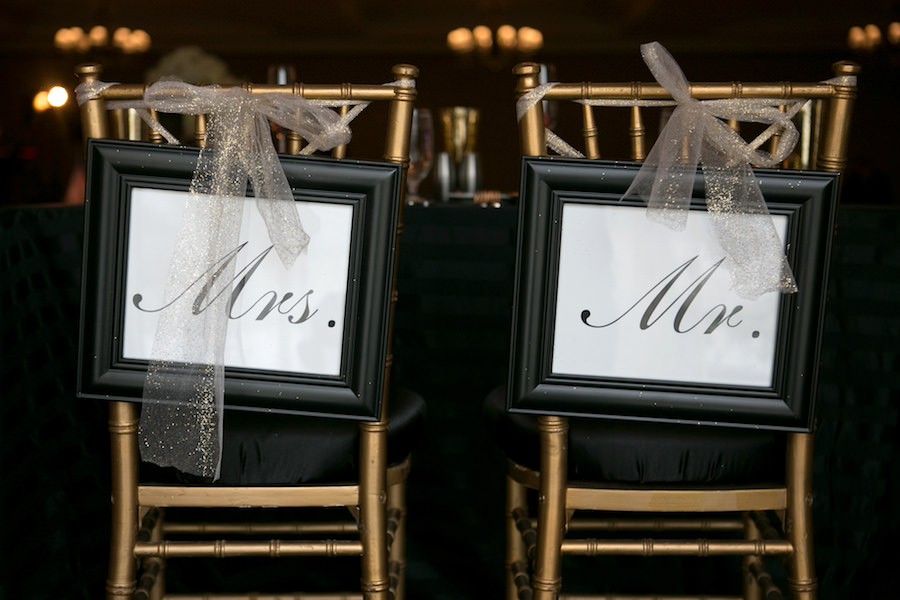 Bride and Groom Mr and Mrs Hanging Chair Signs on Gold Chiavari Chairs