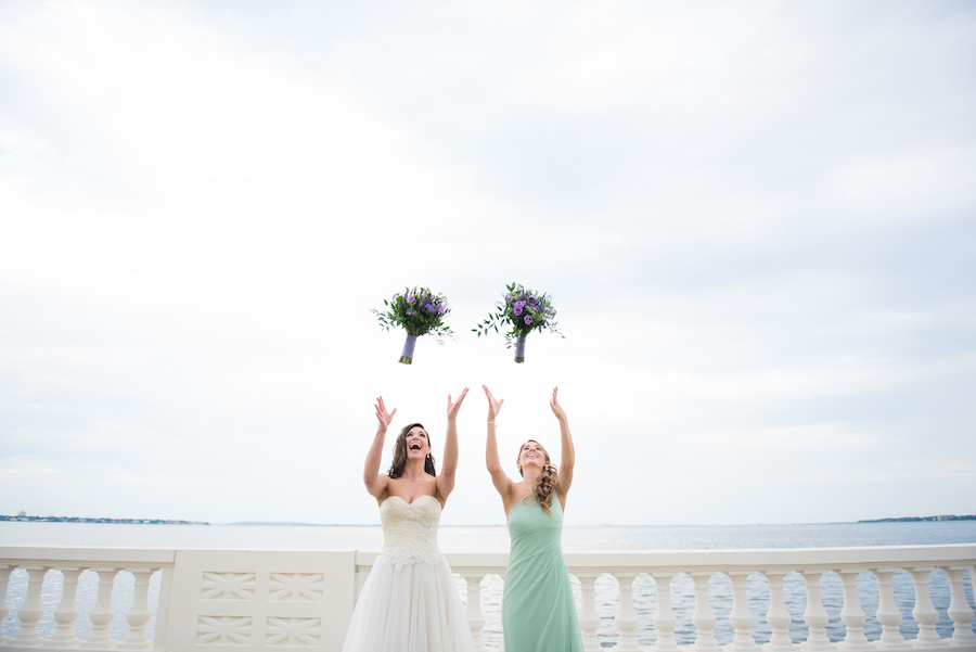 Bayshore Boulevard Waterfront Bride and Maid of Honor Wedding Day Portrait with Lavender and Green Wedding Bouquet | South Tampa Wedding Photographer Kera Photography | Apple Blossoms Floral Design Wedding Florist