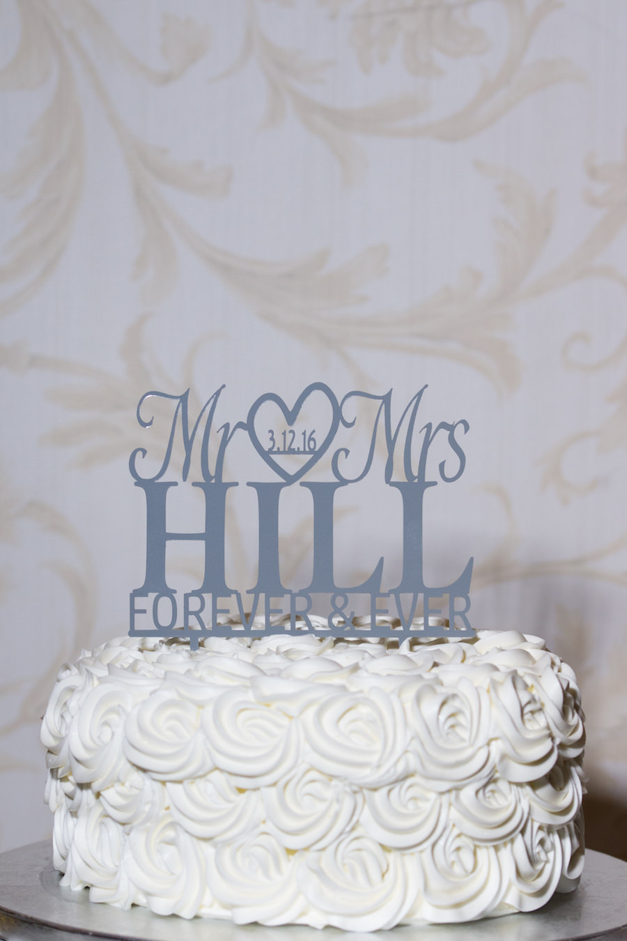 Single Tier, Round, White Rosette Wedding Cake and Grey Mr./Mrs Custom Cake Topper
