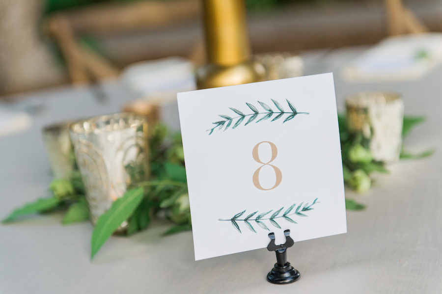 Rustic Garden Wedding Reception with Blush, Gold and Green Table Numbers | Sarasota Wedding Florist Andrea Layne Floral Design