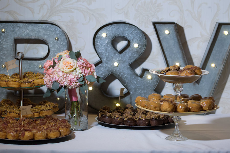 Wedding Reception Dessert Bar with Bride and Groom Initial Lighted Initial Letters